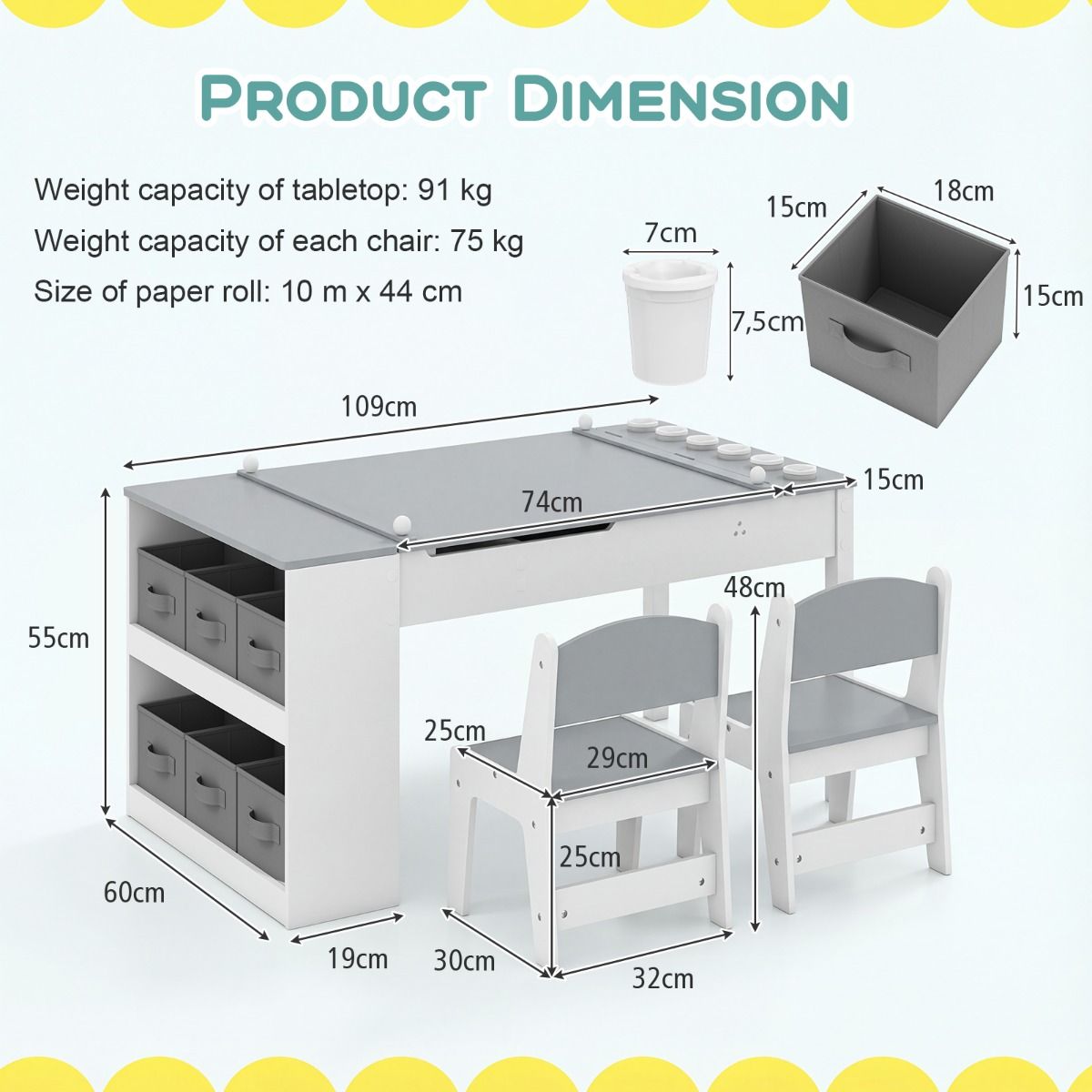 Ensemble table et chaises pour enfants Coast - Table à dessin 2-en-1 avec espace de rangement et rouleau de papier - gris