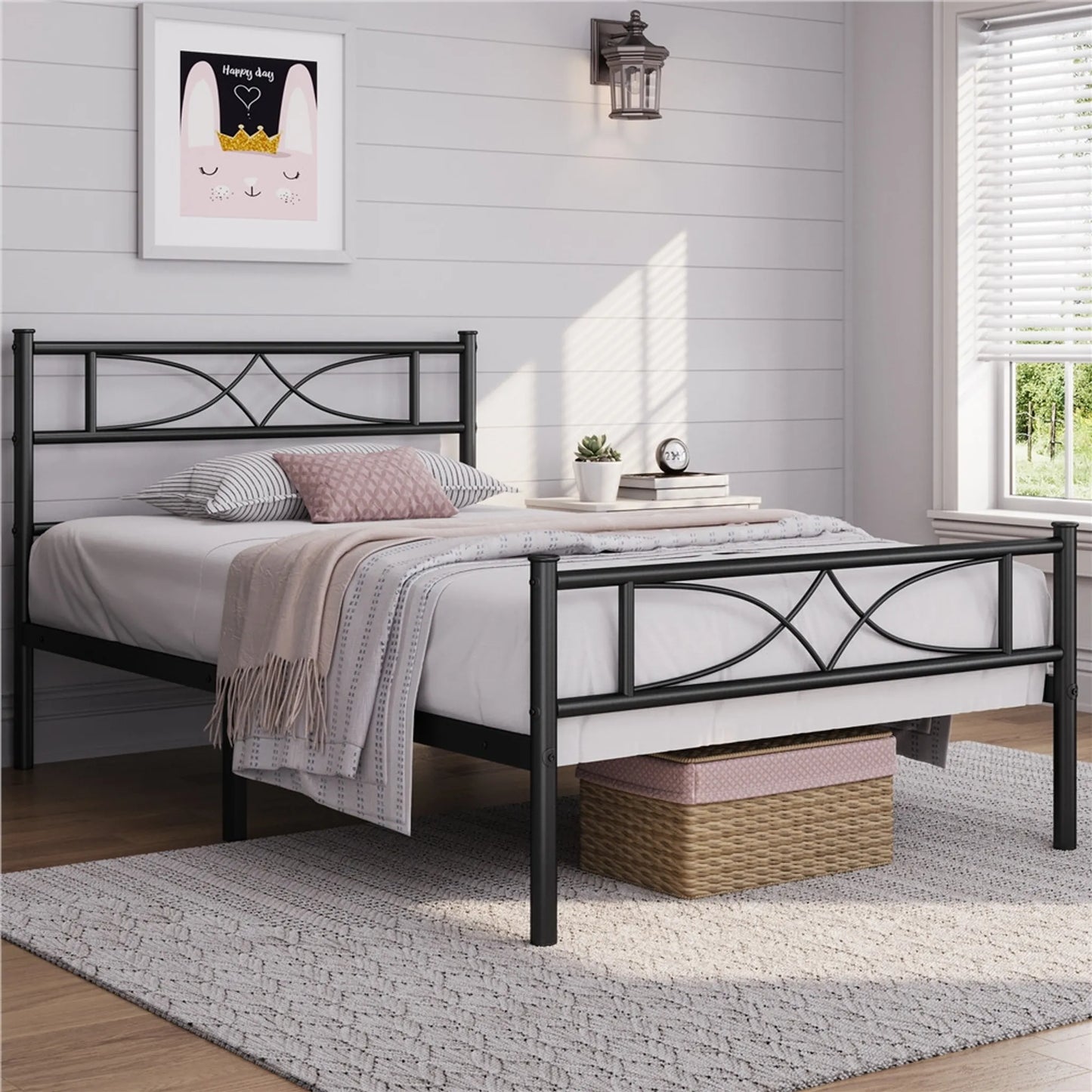 Cadre de lit en métal Yaheetech 90 x 200 cm - Noir - 204 kg - Avec tête et pied de lit - Espace de rangement sous le lit de 32 cm