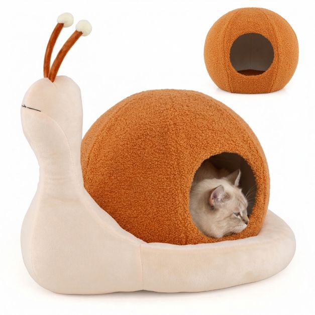Panier pour chat Coast 2-en-1 en forme d'escargot - Maison pour chat fermée avec coussin amovible et lavable - 56 x 48 x 39 cm - Marron/Blanc