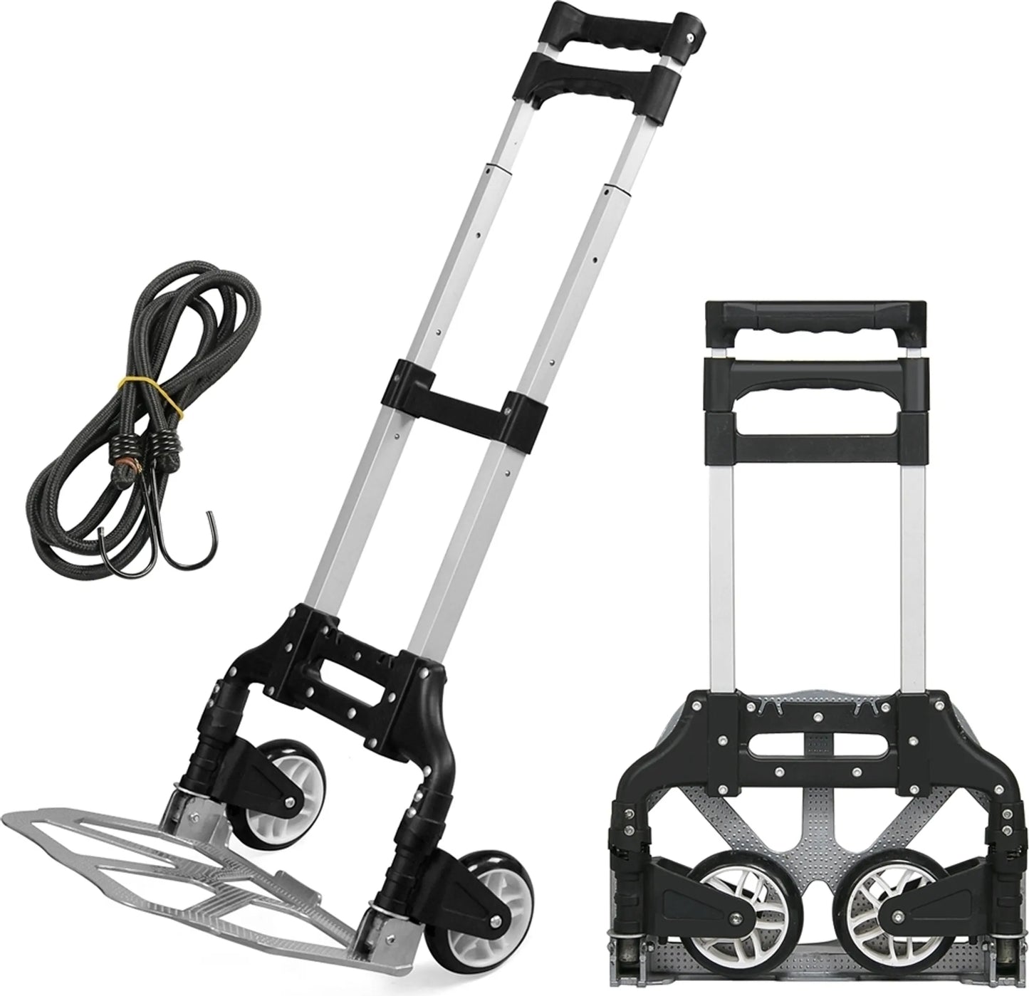 Yaheetech Chariot pliable 75 kg - équipé d'une poignée télescopique, de roues en caoutchouc et d'un câble de tension - pour le transport et le déménagement - aluminium et plastique noir et argent - 39,5 x 39,5 x 100 cm