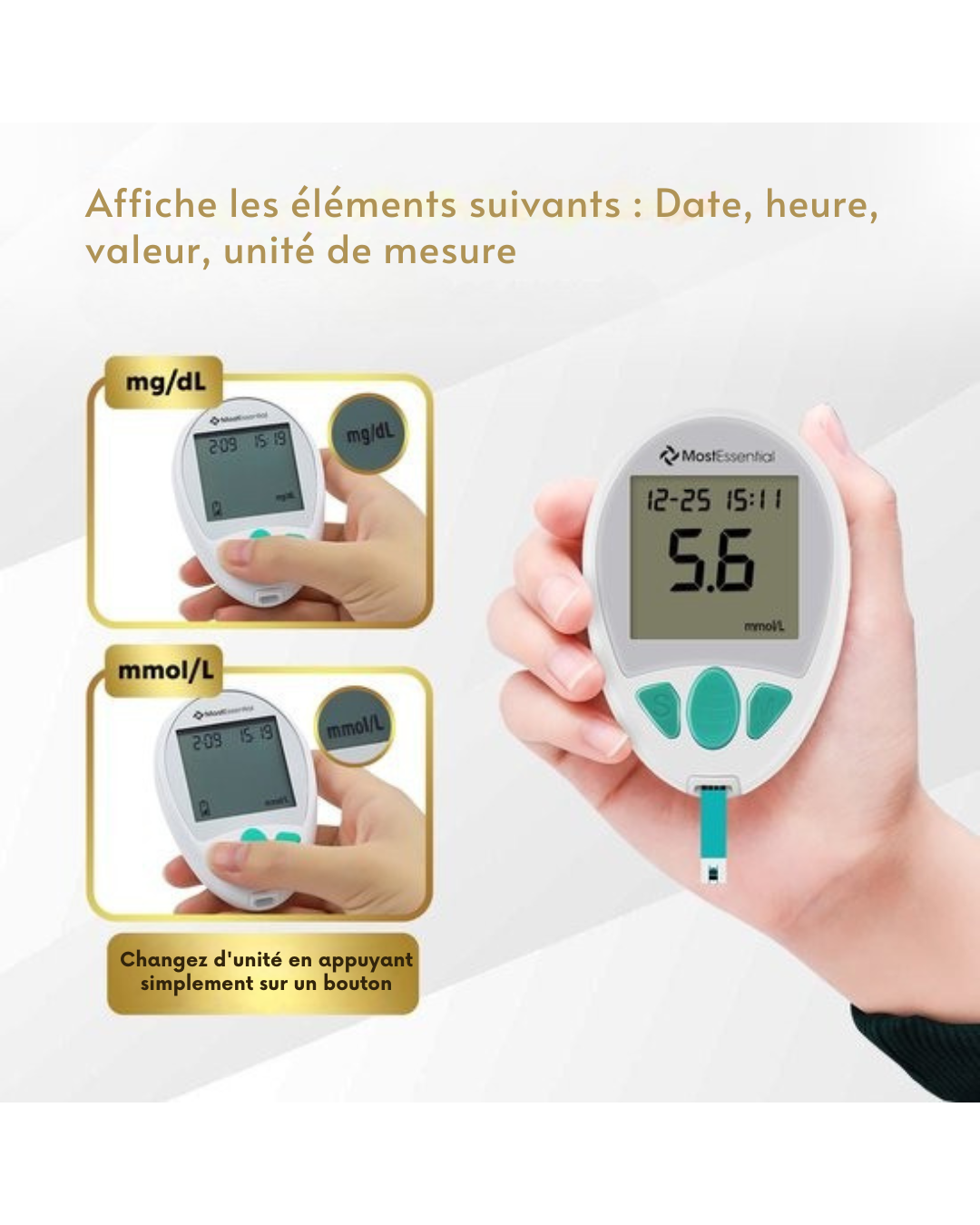 Glucomètre MostEssential - Lecteur de Glycémie Rapide – Résultat en 5s – Mémoire 512 Mesures – Kit Complet