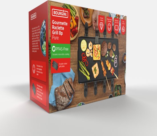 Bourgini Gourmet Raclette Pure - Set gourmet avec plaque réversible pour le gril et la cuisson - Raclette 8 personnes - 21x42 cm - Revêtement sans PFAS - Thermostat réglable - 8 spatules et poêles incluses