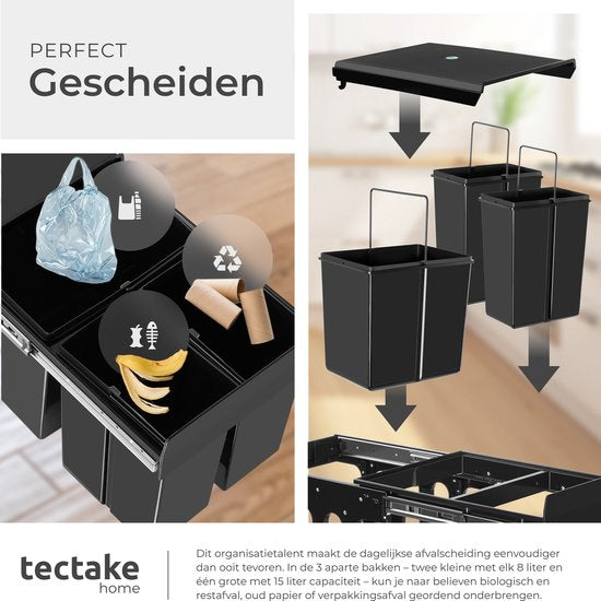 tectake® Collecteur de déchets - Poubelle encastrée - Séparation multiple des déchets - Solution de rangement efficace pour la cuisine et le bureau - Poubelle triple avec rails télescopiques - 2x 8L + 1x 15L