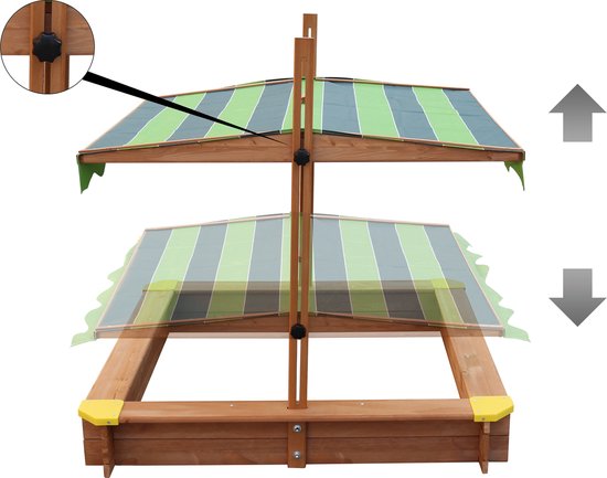 Bac à sable en bois AXI Lily avec toit réglable, couleur marron/vert - Avec bancs, bâche de sol et housse de protection - Bois certifié FSC - 118 x 118 cm