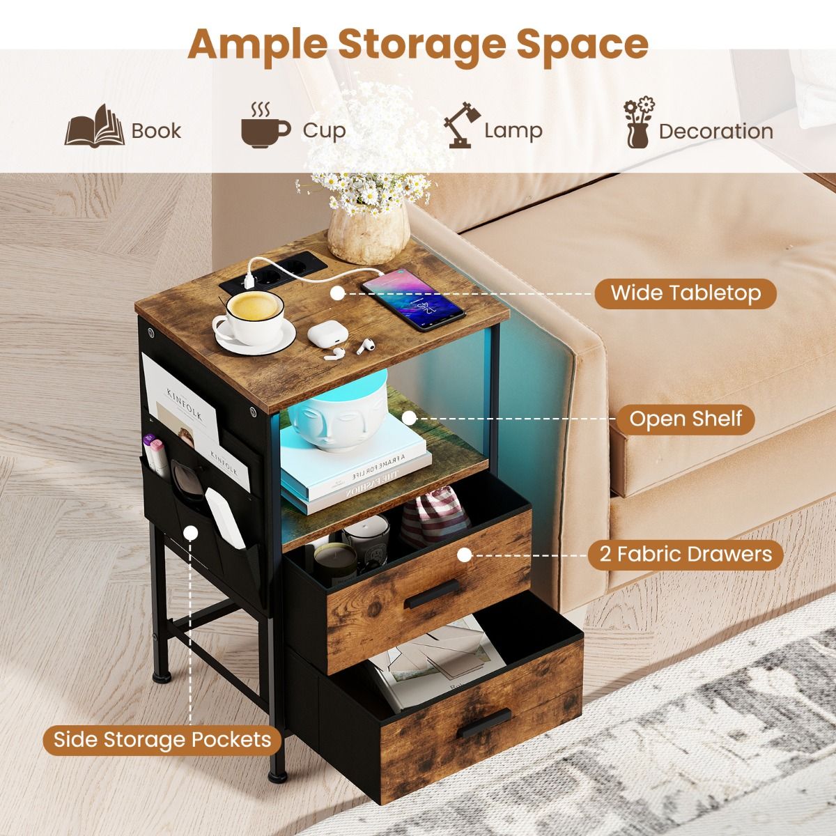 Ensemble de tables d'appoint Coast 2 pièces - avec station de recharge et éclairage LED - 2 tiroirs en tissu et 6 compartiments latéraux - marron rustique