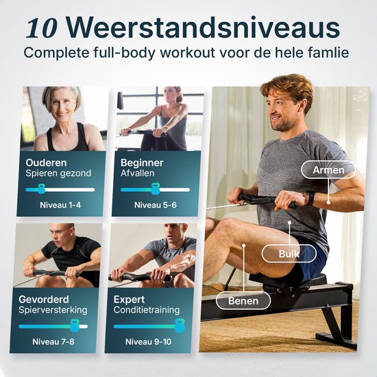 Rameur Flowsense à résistance pneumatique – Rameur professionnel – 10 niveaux de résistance – Pliable – Entraînement complet du corps – Application Bluetooth et écran LCD – Poids max. 200 kg – Rameurs – Pour la maison et la salle de sport
