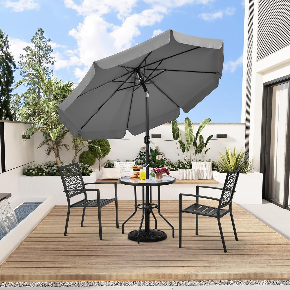 Parasol de jardin 268 cm avec fonction d'inclinaison, manivelle et 8 baleines, gris