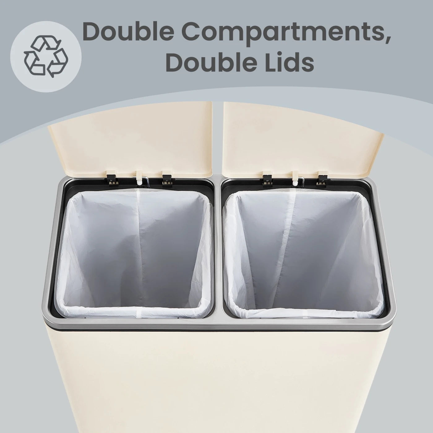 Poubelle à double pédale Joyfurnos - Crème - 2 seaux intérieurs amovibles - Couvercles à fermeture douce - Acier - 59 x 32,5 x 65,2 cm