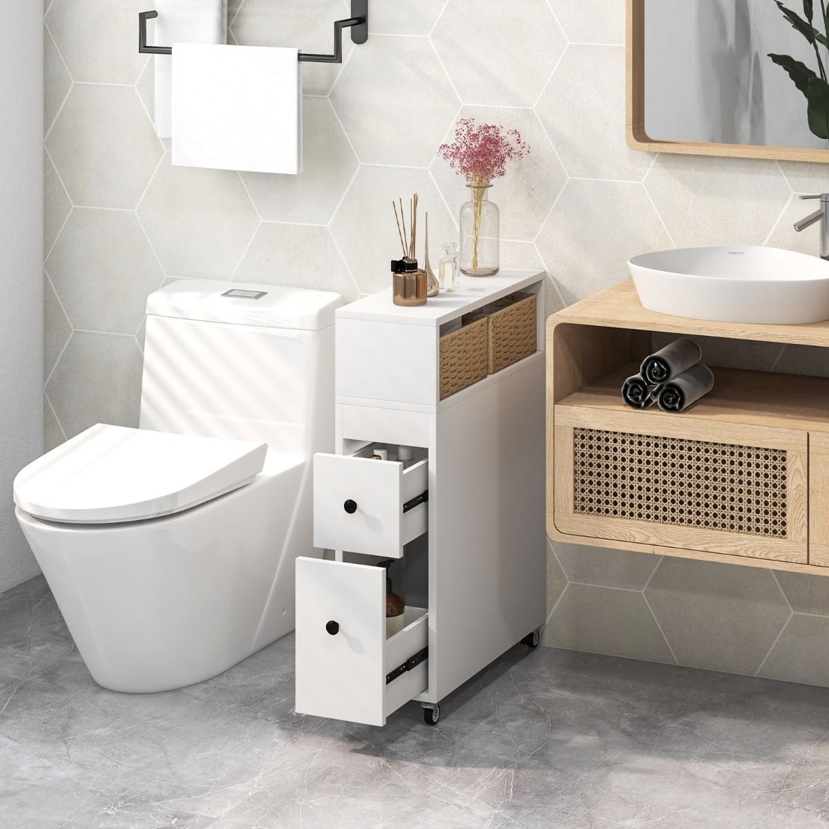 Meuble de rangement étroit Coast sur roulettes - 2 tiroirs - 2 paniers en rotin - 50 x 19 x 72 cm - Blanc