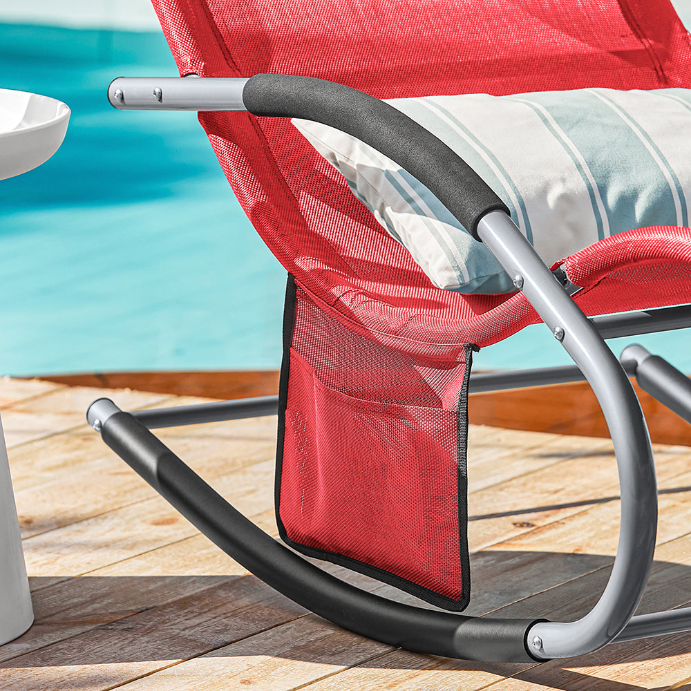 SoBuy OGS28-Rx2 Chaises longues Lot de 2 - Rouge - 143x57x85 cm - Chaises à bascule ergonomiques avec appui-tête et pochette latérale