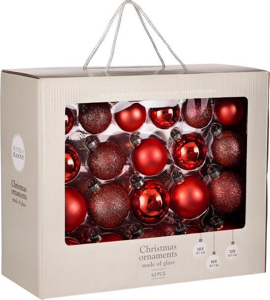 Lot de 42 boules de Noël Mica Decorations - Des boules de Noël pour une base solide - Décorations de Noël mates, brillantes et pailletées - Pics de différentes tailles - Ø 7 cm - Rouge