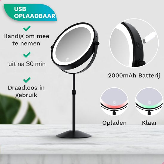 Mirlux Miroir de maquillage avec éclairage LED - lumière grossissante 10x - réglable en hauteur - 3 modes d'éclairage - rechargeable - Miroir grossissant noir