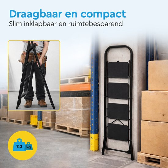 BRASQ Échelle ménagère 4 marches noire - Échelle de cuisine en métal pliable pour usage privé et professionnel - Échelle - Antidérapante