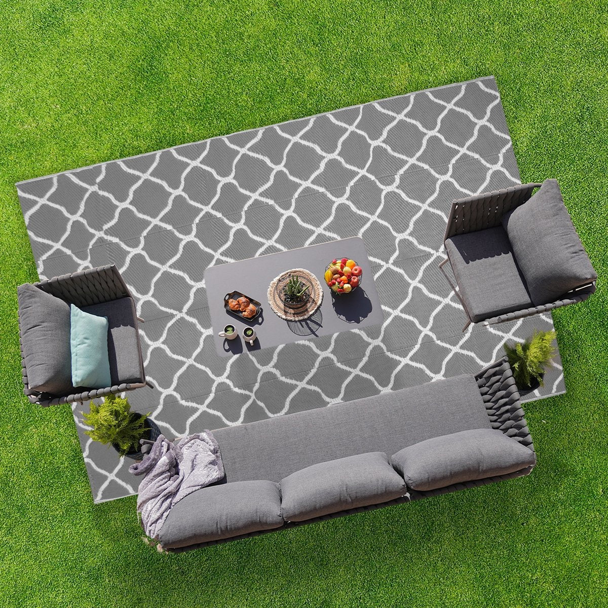 LifeGoods Tapis d'extérieur - 183x290CM - Tapis de jardin - Tapis d'extérieur - Réversible - Sac de transport inclus - Avec motif - Gris/Blanc