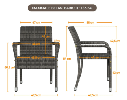 Yaheetech : lot de 2 chaises de jardin en rotin - Gris - 58 x 58 x 84 cm - Empilables, avec accoudoirs