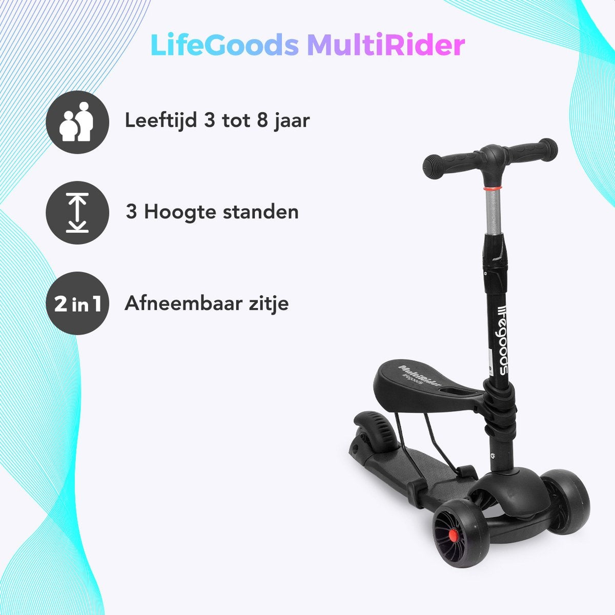 LifeGoods MultiRider Kids Scooter - Step 3-8 Years - Siège ajustable - Luminous Wheels - Boys/Girls - Black