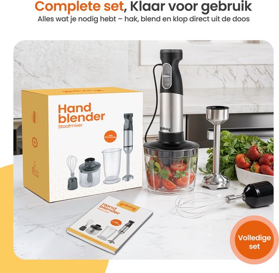 Goliving Hand Blender Set 5-in-1 - Hachoir - Tasse à mesurer - Fouet - 1000W - Accessoires lavables au lave-vaisselle - acier inoxydable - Noir