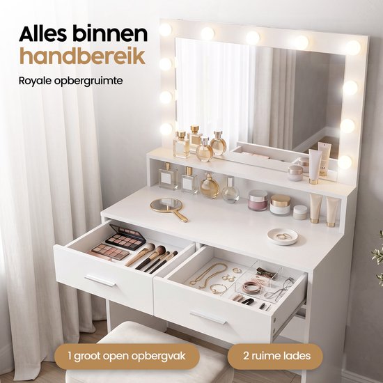 Table de maquillage Infinity Goods - Avec miroir et 11 lampes LED - Nombreux rangements - Intensité lumineuse réglable - Blanche