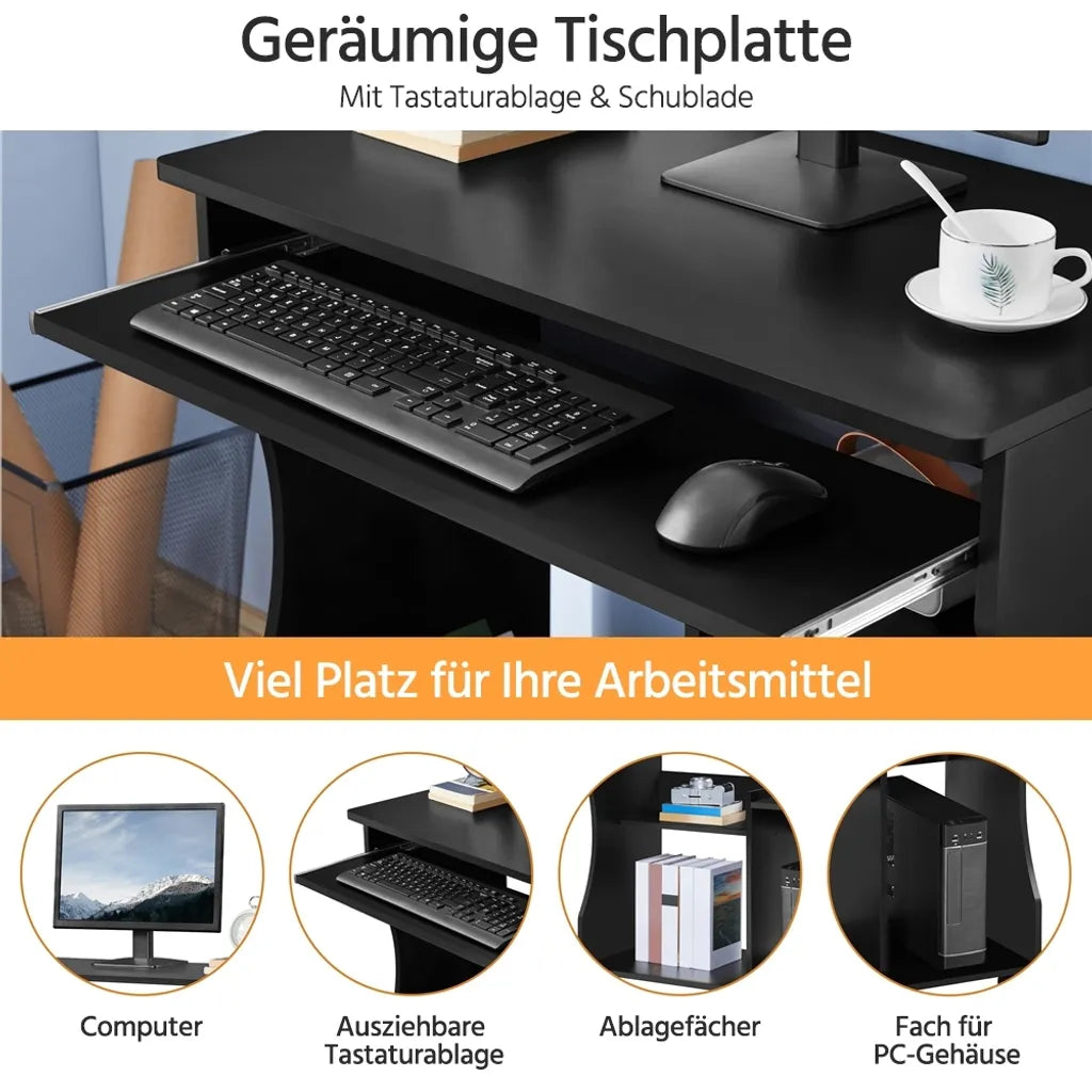 Bureau d'ordinateur Yaheetech avec tiroir pour clavier et roulettes - Noir - 80 x 48 x 76 cm