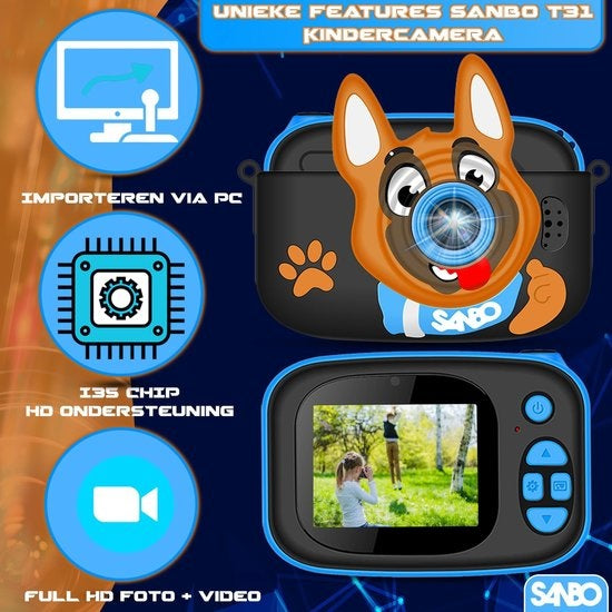 Caméra pour enfants Sanbo T31 Pro - Bleu / Noir - Inclut une carte SD de 32 Go et un lecteur - Caméra photo pour enfants - Vlogging - Caméra de jeu