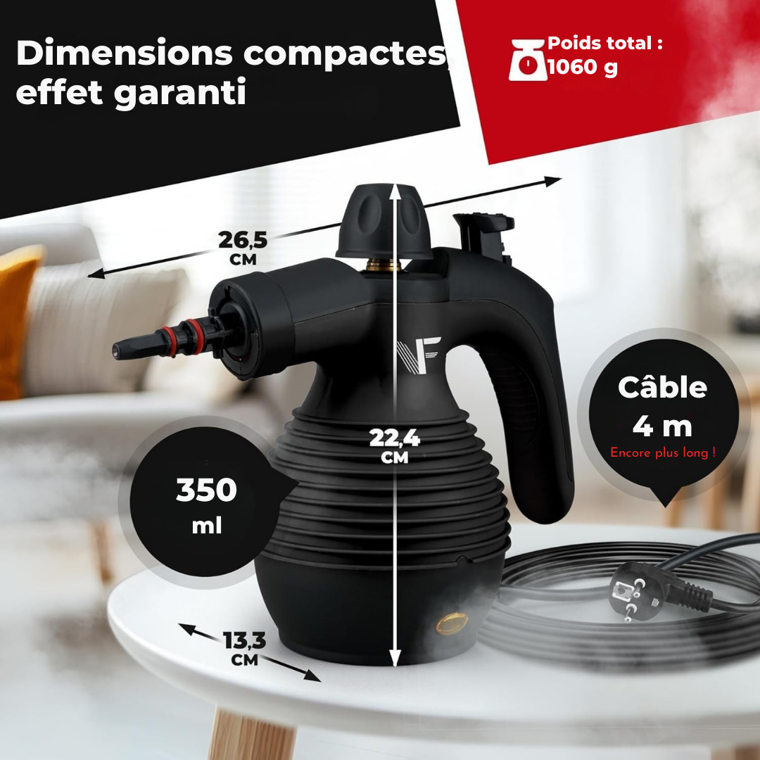 Nettoyeur vapeur à main – Réglage de la vapeur – Comprend 10 accessoires – Réservoir de 350 ml – Noir