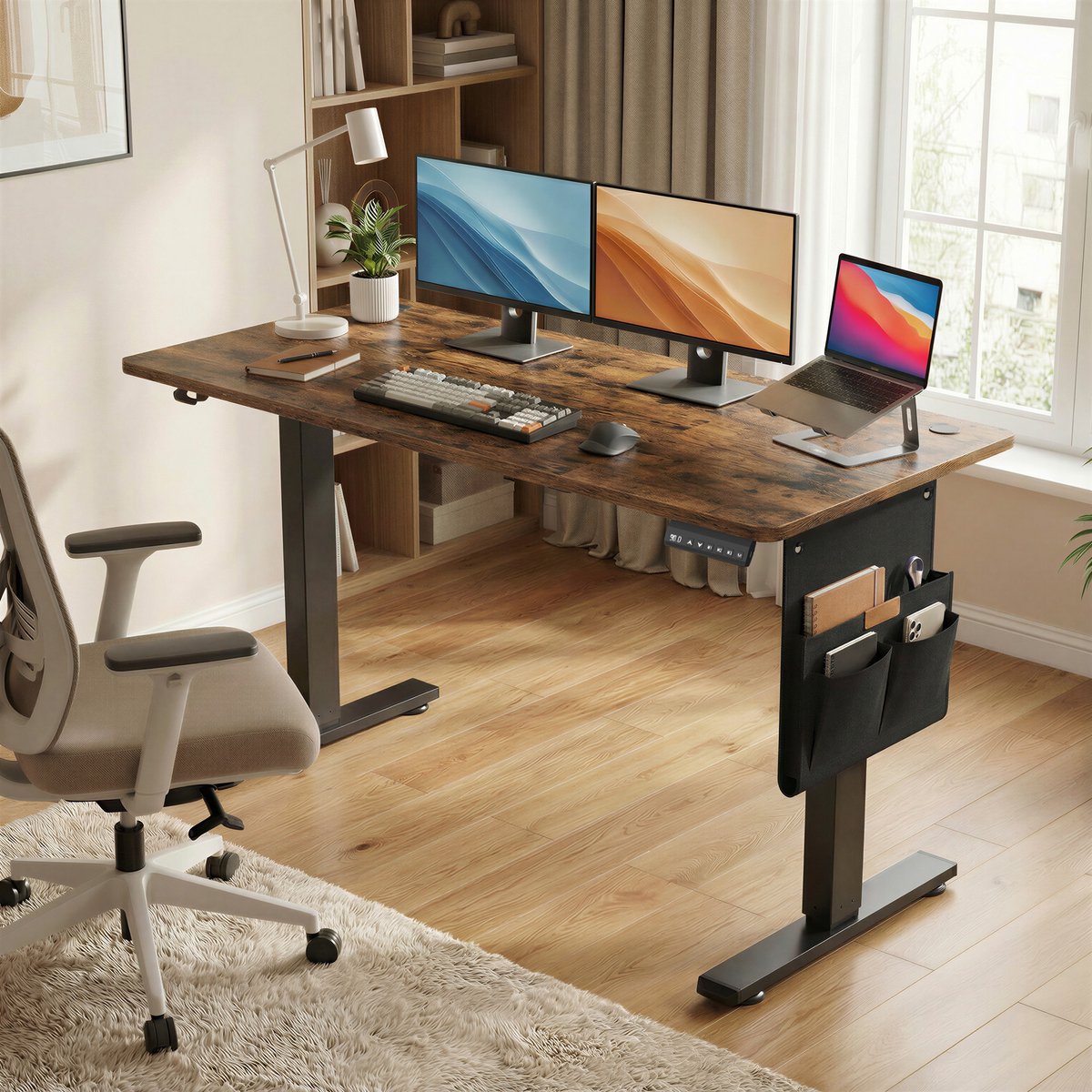 Bureau assis-debout électrique Ochama 180 x 80 cm - Noir-marron - 72-120 cm - Fonction mémoire