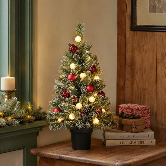 Black Box Trees Kaprun : sapin de Noël artificiel avec illuminations - Sapin de Noël artificiel H 90 x Ø 51 cm - en pot avec décorations - Vert, rouge, givré