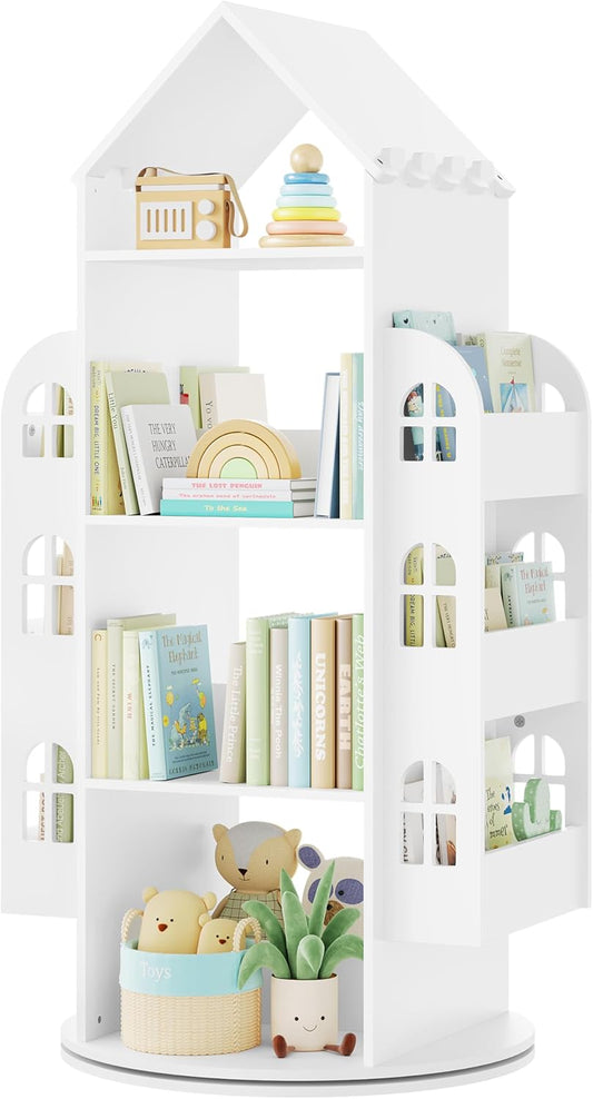 Woltu Revolving Children's Bookcase White 63x59x125 cm - Meuble de rangement Montessori à 4 niveaux et compartiments latéraux