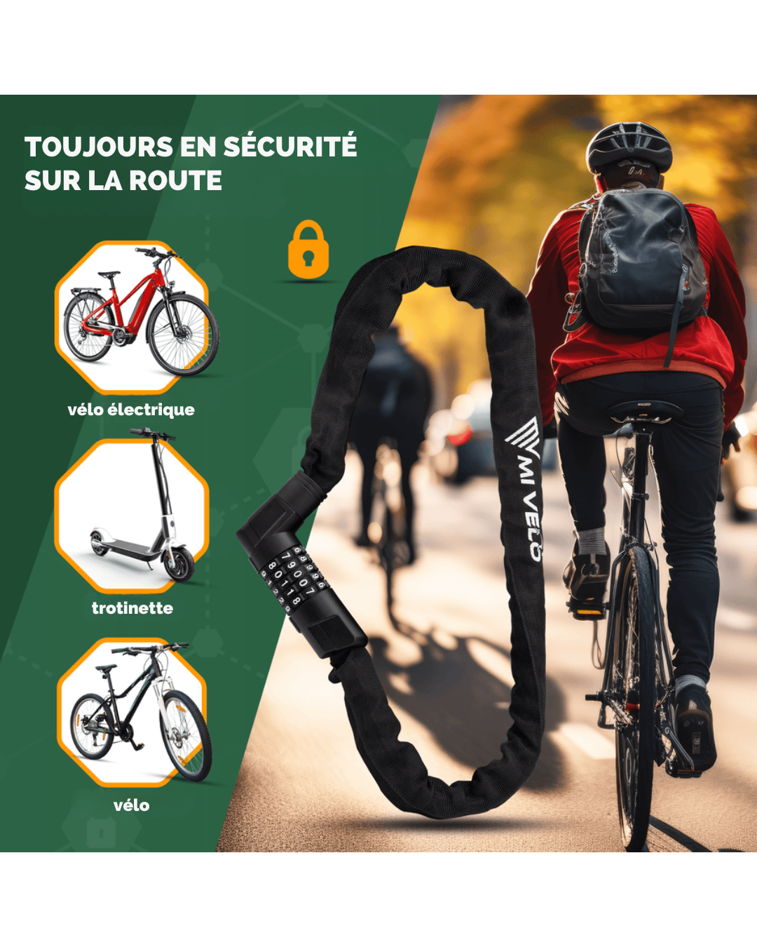 Cadenas à chaîne MIVELO - Avec noyau robuste en acier au carbone et code numérique - 85/100 cm - Noir