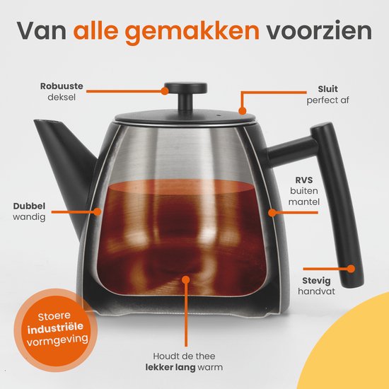 Goliving Théière avec filtre - 1 litre - Théière - Double paroi - Acier inoxydable - Infuseur de thé - Mat - Noir
