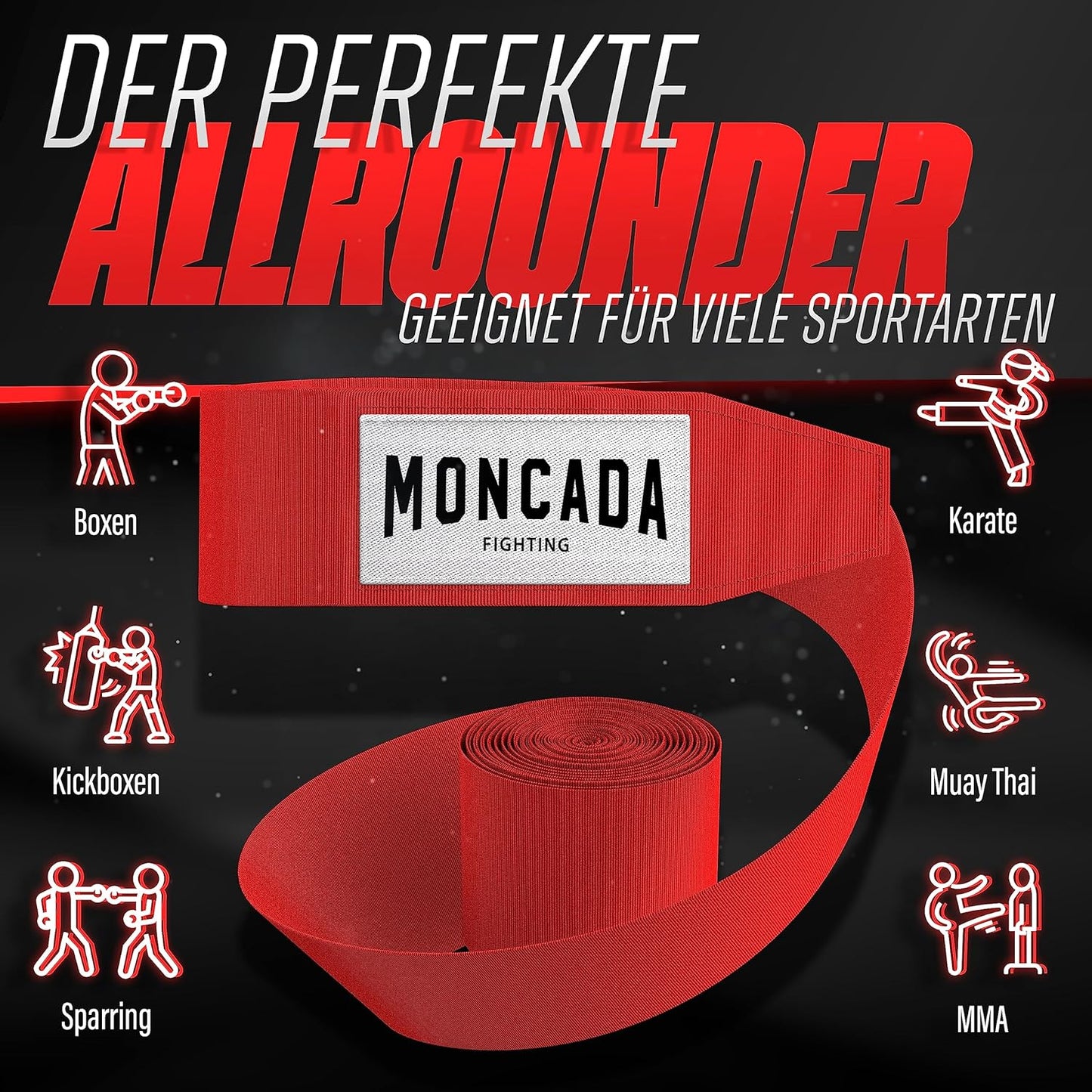 Bandage de boxe de combat Moncada - 4m - Rouge
