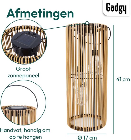 Éclairage de jardin Gadgy Solar à énergie solaire – Lanterne d'extérieur en rotin – Lampe suspendue ou lampe de table – Résistante aux éclaboussures – Éclairage d'ambiance pour le jardin, le balcon ou la terrasse – Marron – Ø 17 x 41 cm – Capteur jour/nui
