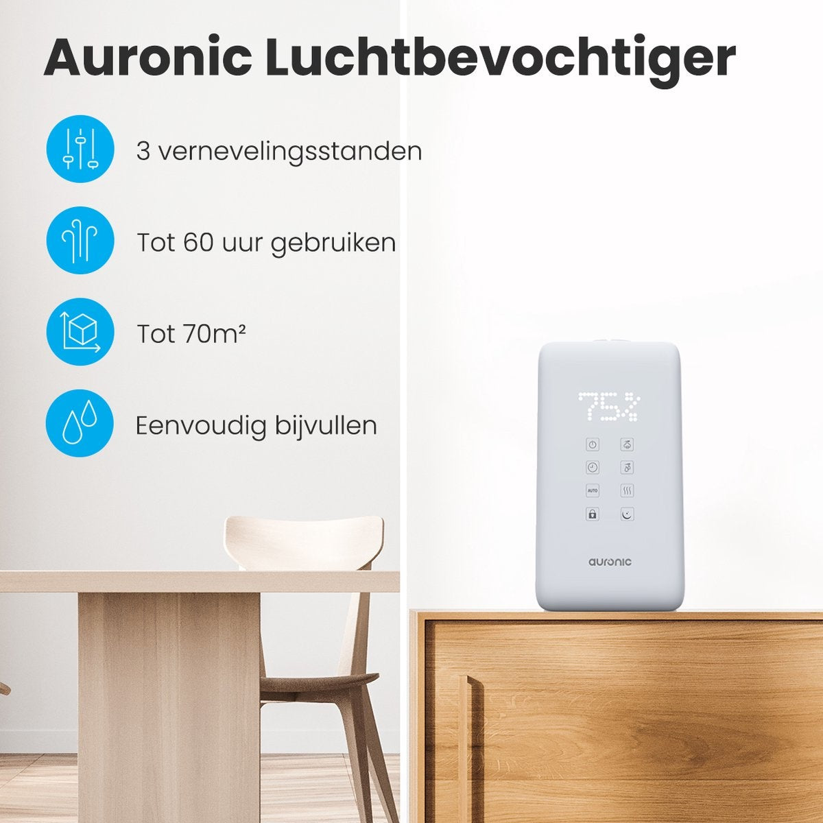 Humidificateur Auronic - 3 modes de nébulisation - Capacité du réservoir 6L - 60m2 - Filtre à eau inclus - Blanc