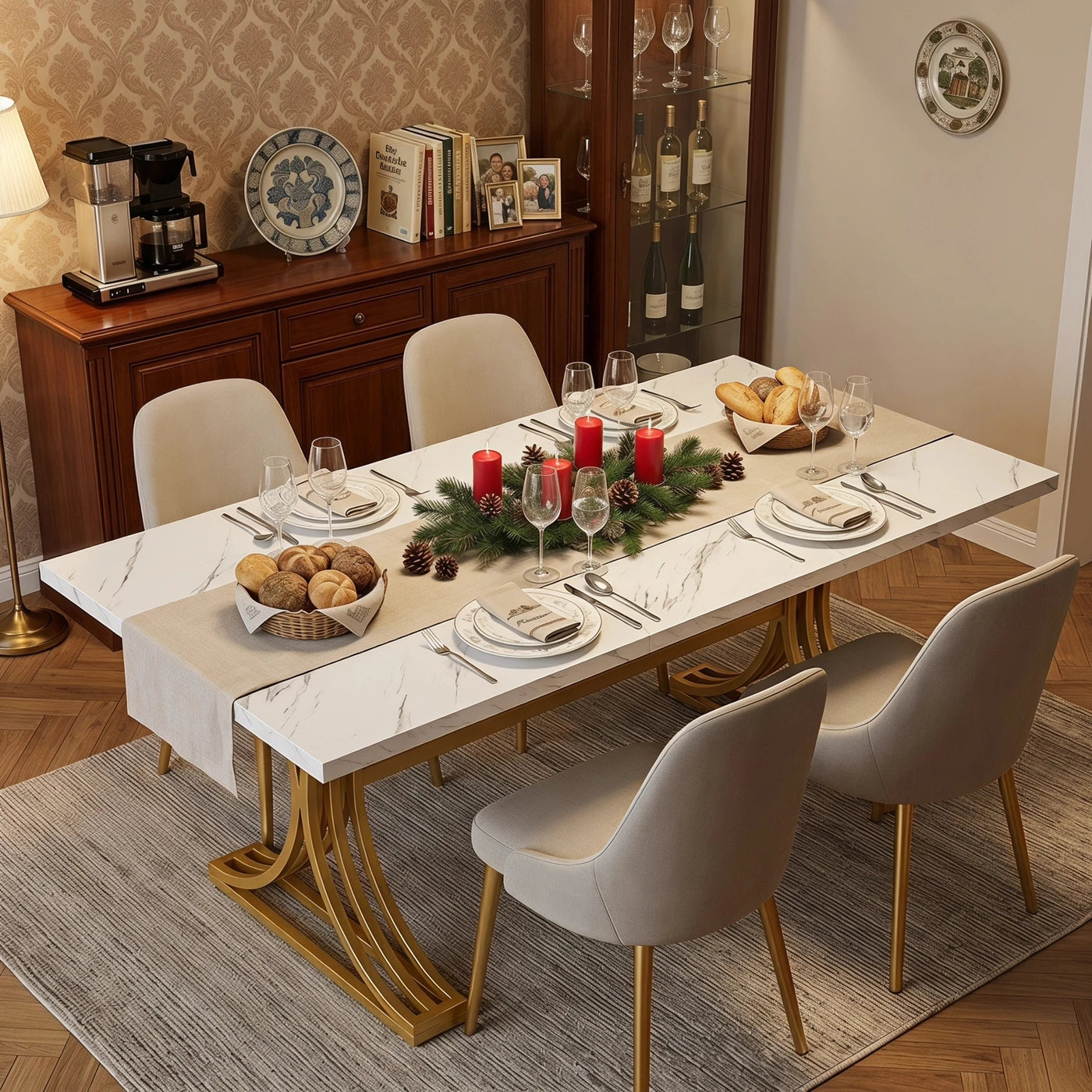 Table de réunion Lantine 160 x 80 cm - Pour 4 à 6 personnes - Marbre synthétique blanc et doré - Pieds métalliques modernes