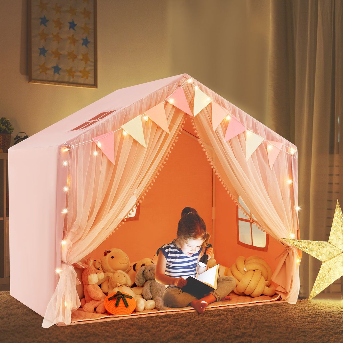 Tente de jeu pour enfants Coast - avec rideaux et guirlande lumineuse en forme d'étoiles - grande tente de jeu - rose
