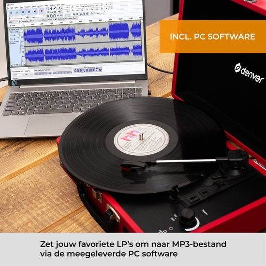 Denver Record Player - Haut-parleurs intégrés - Logiciel PC inclus - Auto-stop - Rétro - VPL120 - Rouge