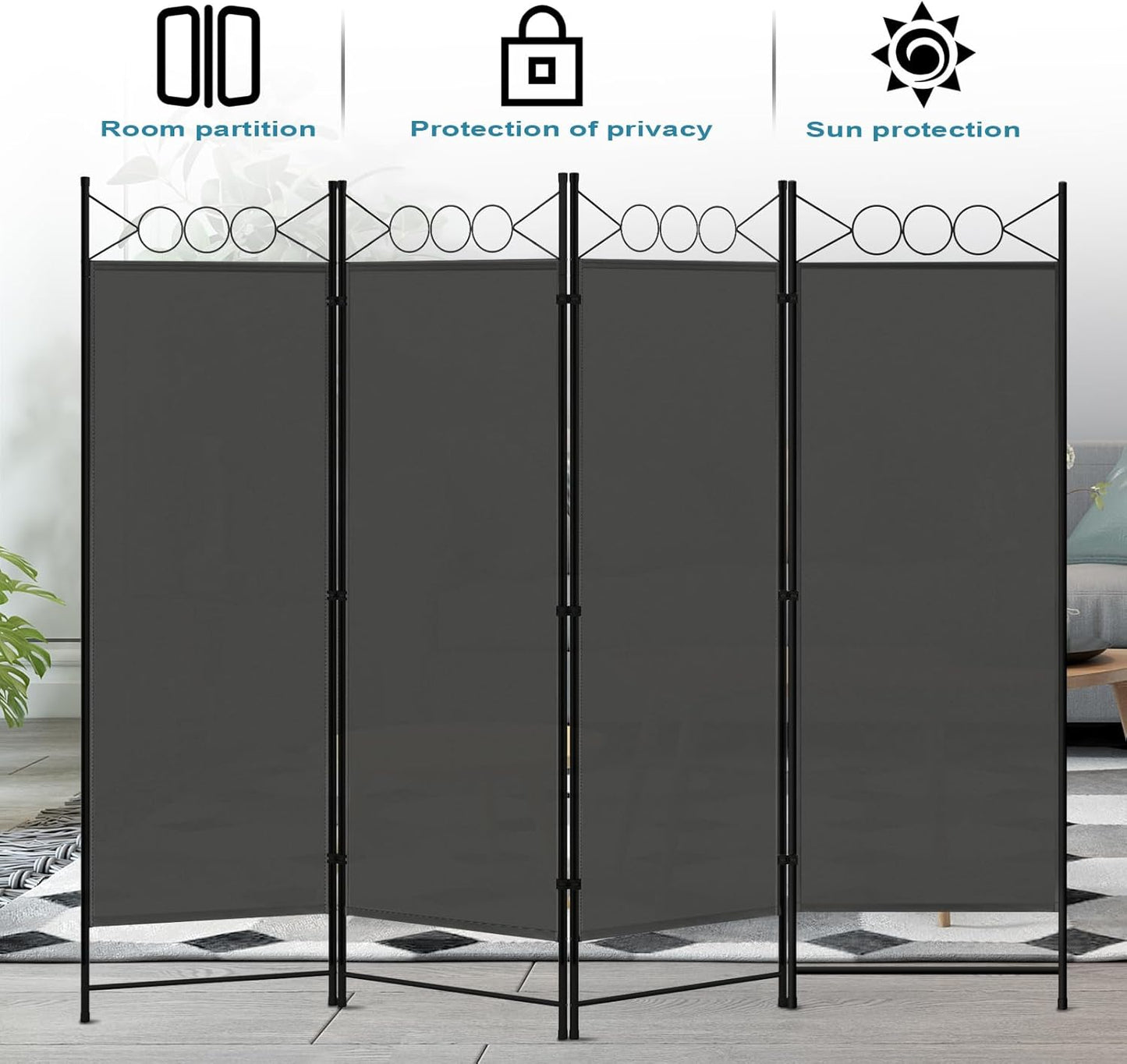Paravent Woltu - 4 panneaux - 223 x 172 cm - Anthracite
