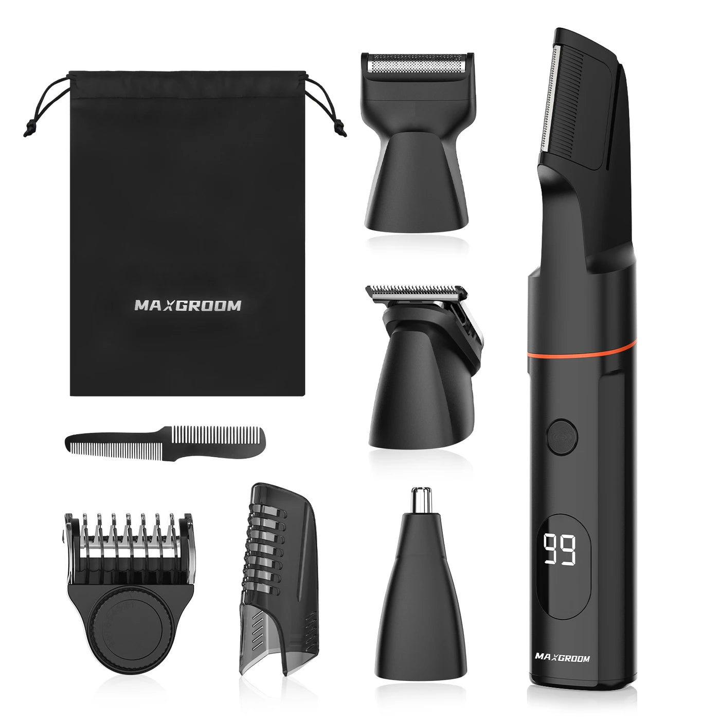 Tondeuse corporelle MAXGROOM 7-en-1 - Sans fil - 1 à 9 mm - Étanche IPX6 - 90 min - Écran LED - Embouts magnétiques