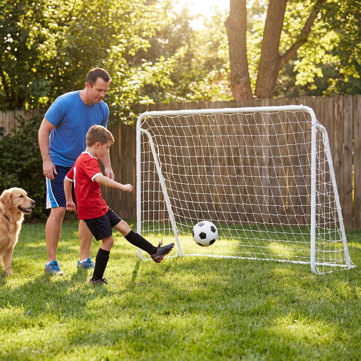 But de football Coast avec panneau amovible - 5 ouvertures de tir - Piquets de fixation inclus - Blanc 215 x 77 x 152 cm