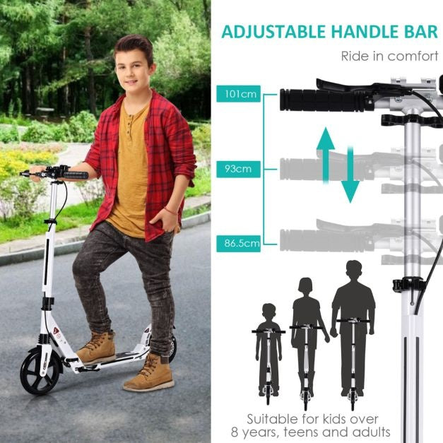 Trottinette pliable Coast avec sonnette et sangle de transport - Réglable en hauteur - Blanc