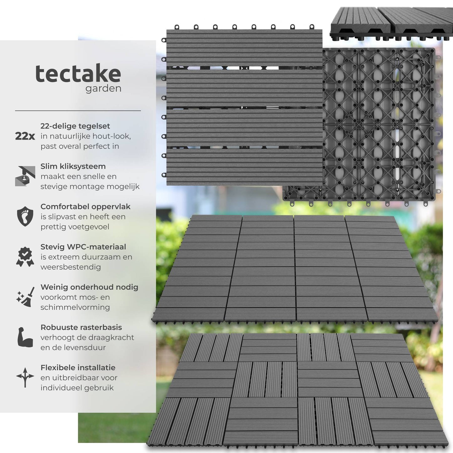 Tectake Tegulas WPC Terra Tiles Grey 31 x 31 x 2.2 cm - Lot de 22 - Système Click - Aspect bois