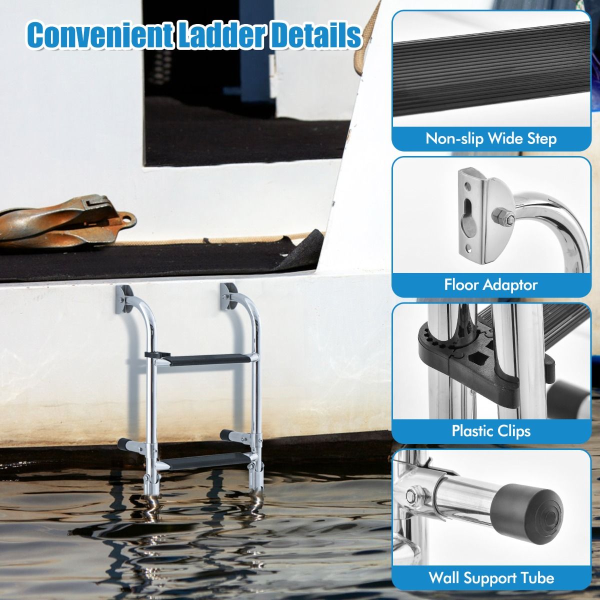 Escalier de piscine Coast avec 4 marches, pliable, acier inoxydable, 90 x 27,5 x 13 cm, argenté