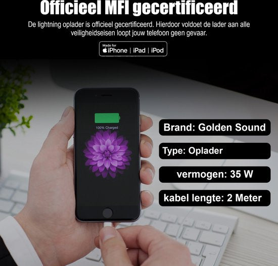 Golden Sound 35W Original Super Fast Charger - Lightning Charger suitable for Iphone - Charger - 2 Meter with Charging Plug