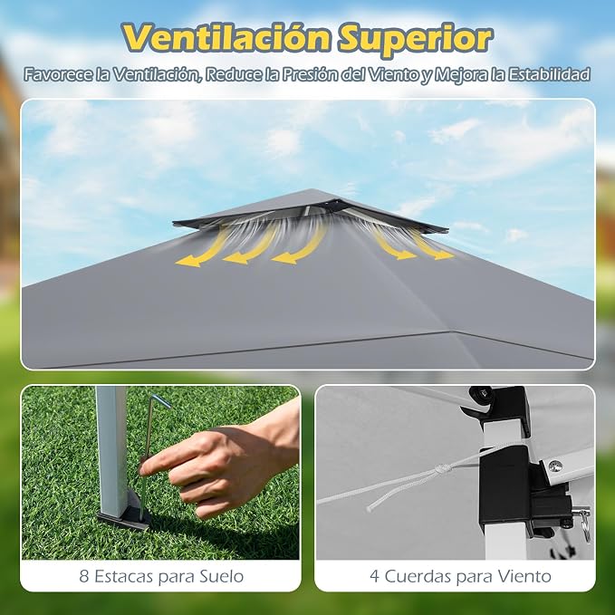 Tente de fête pliable Coast 3,95 × 3,95 m – Pavillon pop-up avec toit ventilé, 3 réglages de hauteur, protection UV et sac de transport – Gris