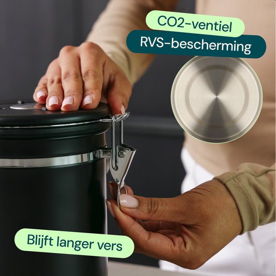 Boîte à café Castagnola 1,8L - Noir mat - hermétique avec sortie CO2 - 600 grammes - 12,5 x 12,5 x 19 cm