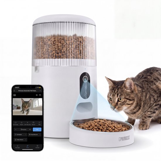 Mangeoire automatique Princess - Caméra HD et fonction intelligente - 4 litres – Chat et chien – Commande via application – Repas programmables – Bol en acier inoxydable – Batterie de secours – Distributeur automatique de nourriture – 610045