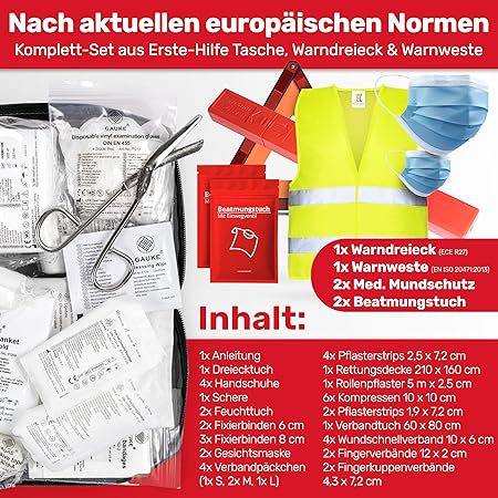 Car combi bag (3 en 1) selon la norme actuelle 2026 - y compris triangle de signalisation, gilet de sécurité - kit de premiers secours triangle de signalisation kit de premiers secours pour voiture DIN 13164:2022 (conformément au code de la route allemand
