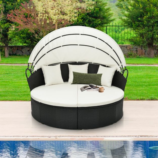 Chaise longue ronde Costway - avec coussins et auvent rétractable - 187 x 180 x 157 cm - Noir/Orange Blanc