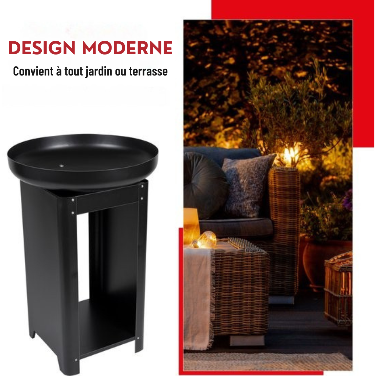 Barbecue 3 en 1 BBQ Collection – Brasero, Plaque Grill, Plaque Teppanyaki – Stockage Bois - 61 x 90 - Noir Acier inoxydable
