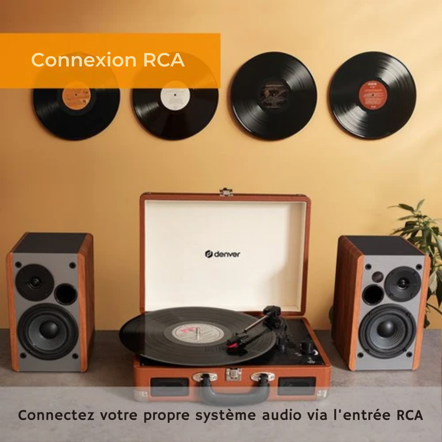 Platine vinyle rétro - Denver VPL120 - Haut-parleurs intégrés - Numérisation USB - 3 vitesses - Mallette portable - Marron